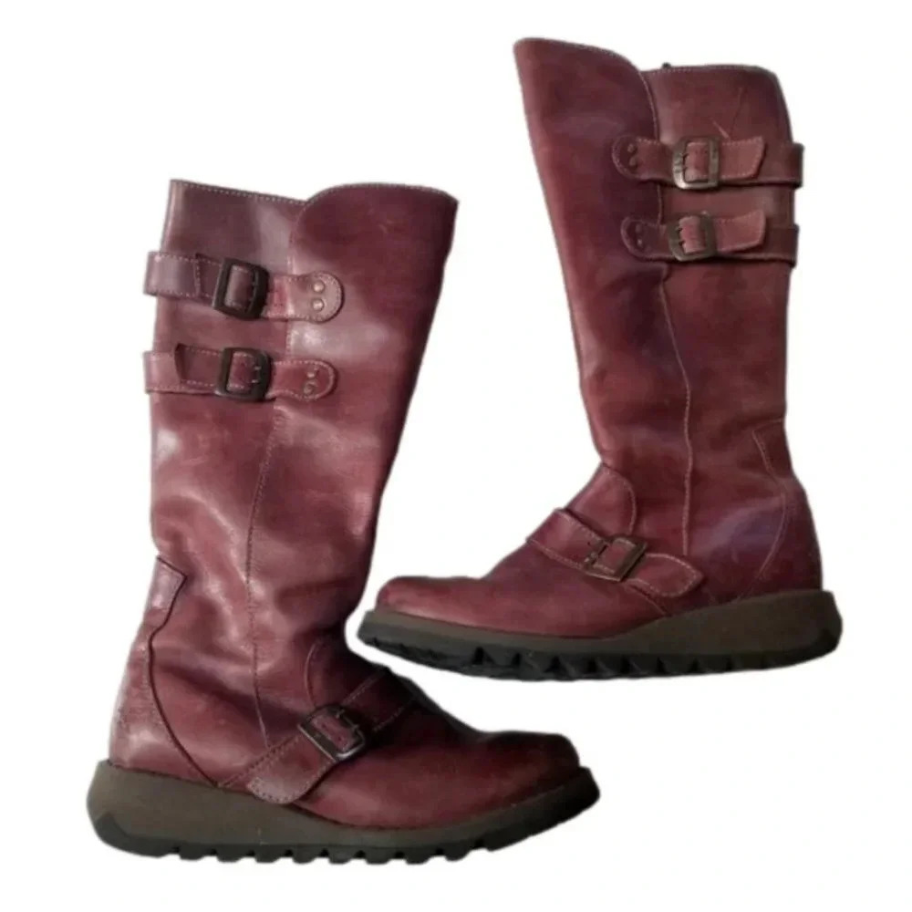 Fly London Mes 2 Petrol Leather Low Wedge Calf Boots Purple 37 - Picture 2 of 15